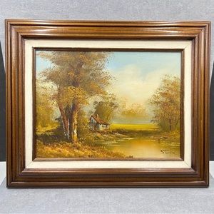 Original Oil Painting Cabin on Pond in Fall Framed Signed by Artist Stone 22x17